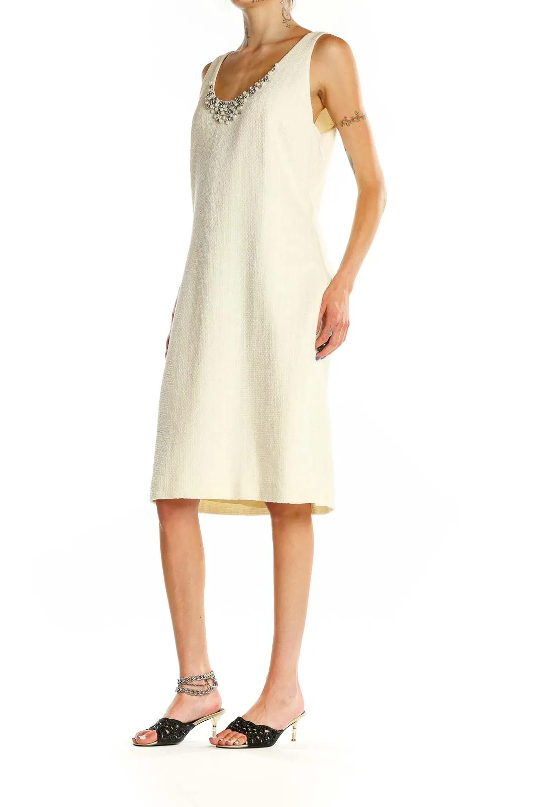 Cream Embellished Sleeveless Sheath Dress