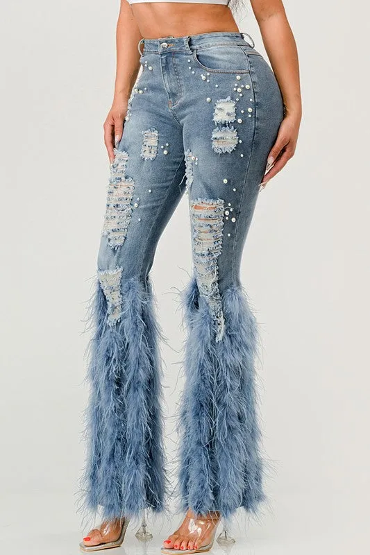 Distressed Pearl Embellished Feather Detail Jeans (2 Colors)