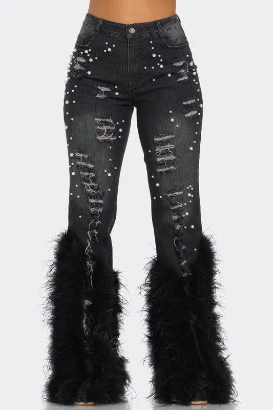 Distressed Pearl Embellished Feather Detail Jeans (2 Colors)