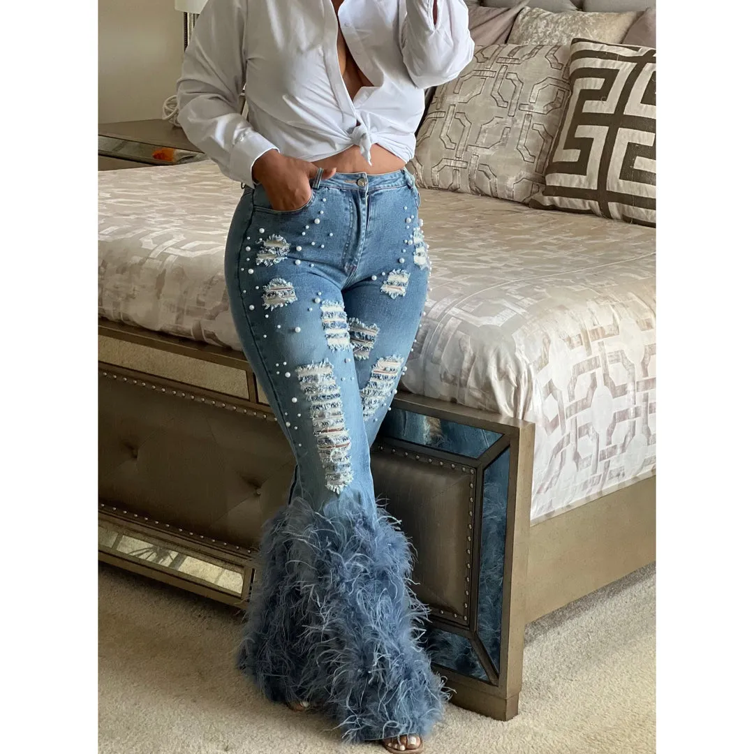 Distressed Pearl Embellished Feather Detail Jeans (2 Colors)