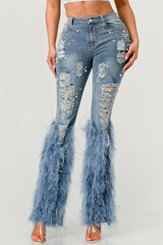 Distressed Pearl Embellished Feather Detail Jeans (2 Colors)