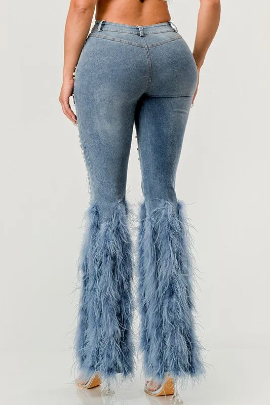 Distressed Pearl Embellished Feather Detail Jeans (2 Colors)