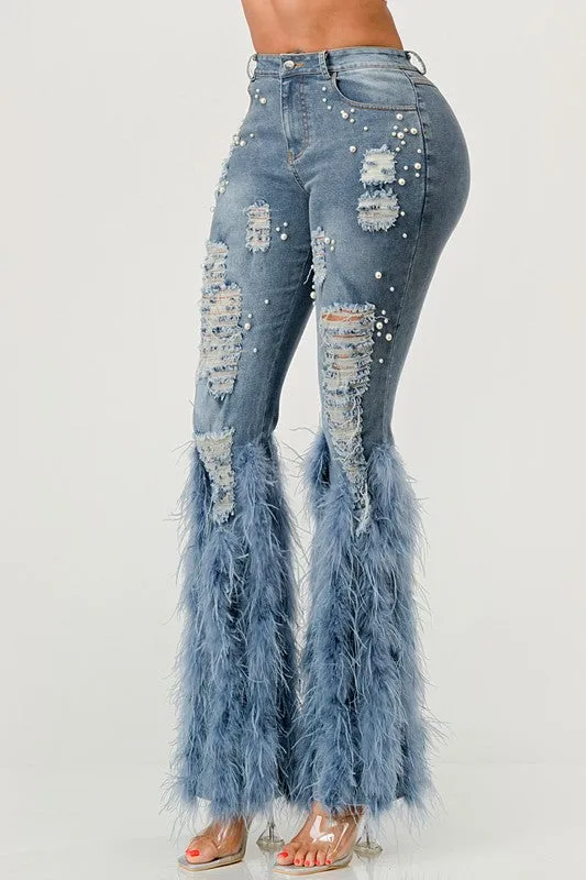 Distressed Pearl Embellished Feather Detail Jeans (2 Colors)