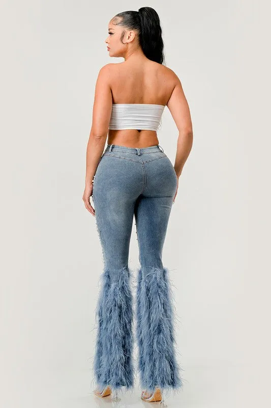 Distressed Pearl Embellished Feather Detail Jeans (2 Colors)