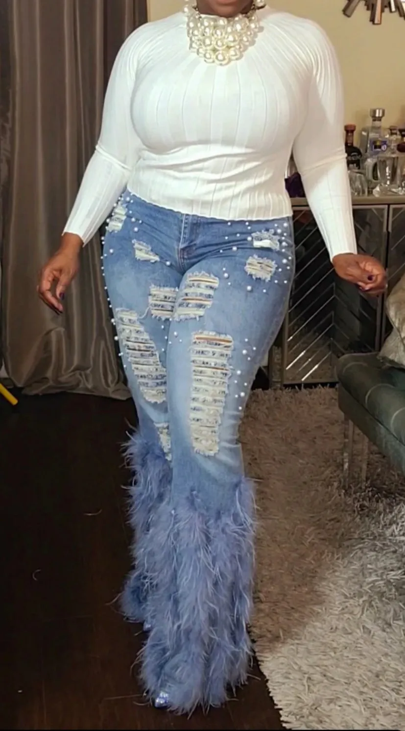 Distressed Pearl Embellished Feather Detail Jeans (2 Colors)