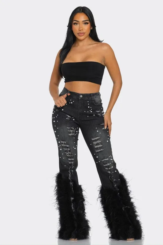 Distressed Pearl Embellished Feather Detail Jeans (2 Colors)