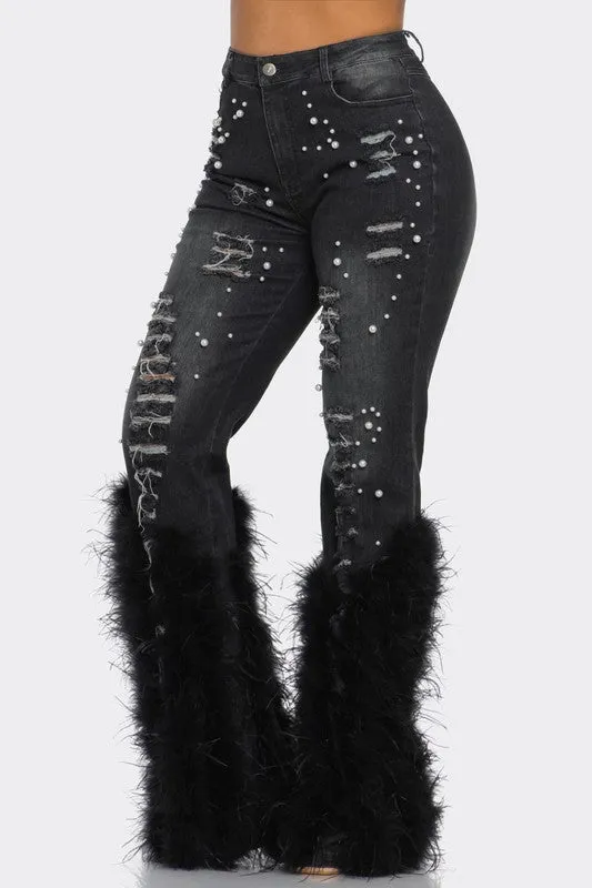 Distressed Pearl Embellished Feather Detail Jeans (2 Colors)