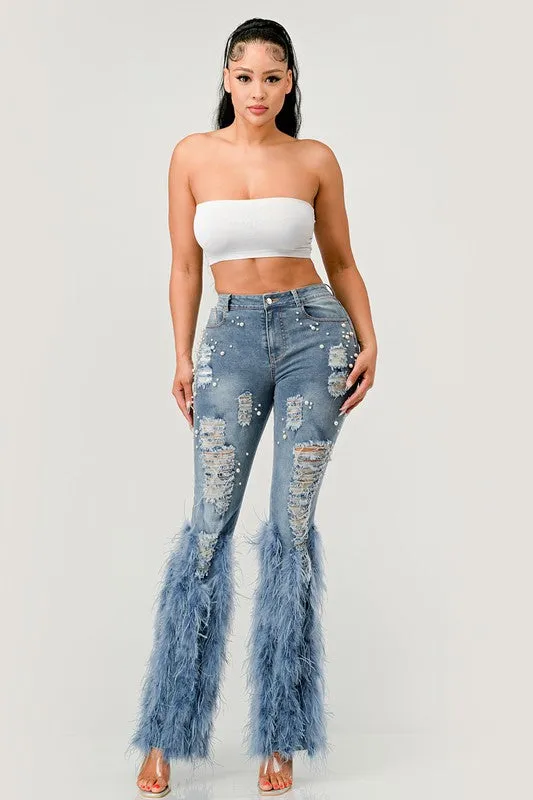 Distressed Pearl Embellished Feather Detail Jeans (2 Colors)