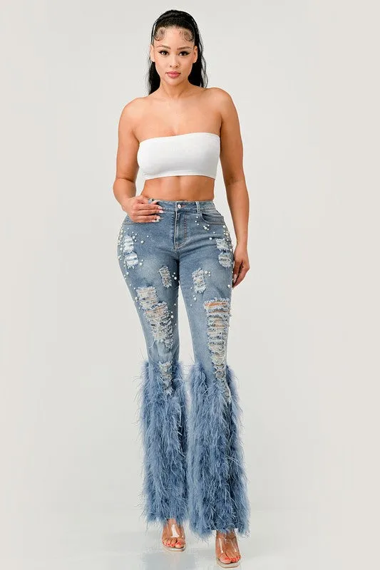 Distressed Pearl Embellished Feather Detail Jeans (2 Colors)