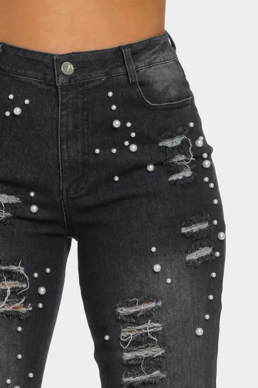 Distressed Pearl Embellished Feather Detail Jeans (2 Colors)