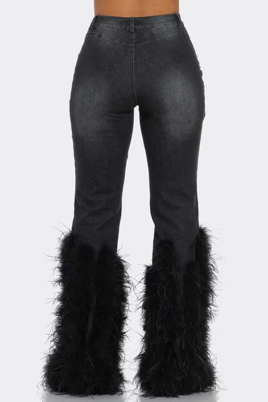 Distressed Pearl Embellished Feather Detail Jeans (2 Colors)