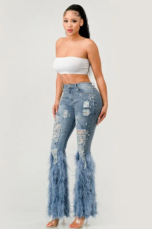 Distressed Pearl Embellished Feather Detail Jeans (2 Colors)