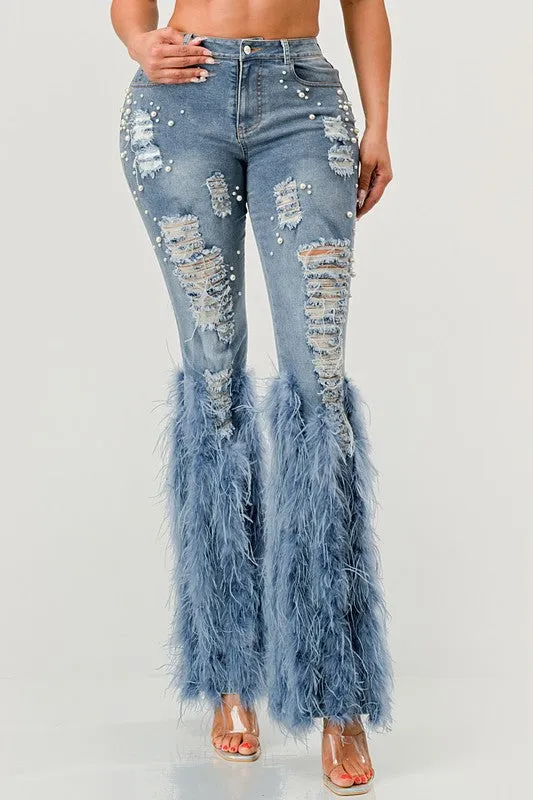 Distressed Pearl Embellished Feather Detail Jeans (2 Colors)