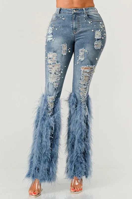 Distressed Pearl Embellished Feather Detail Jeans (2 Colors)