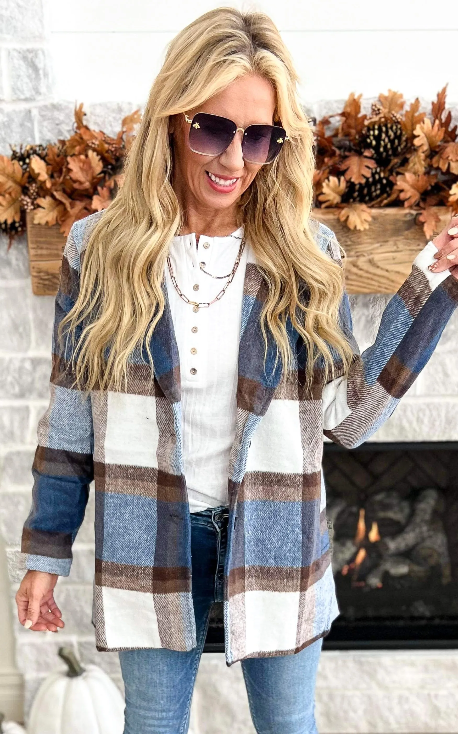 Earthy Blue Plaid Oversized Blazer