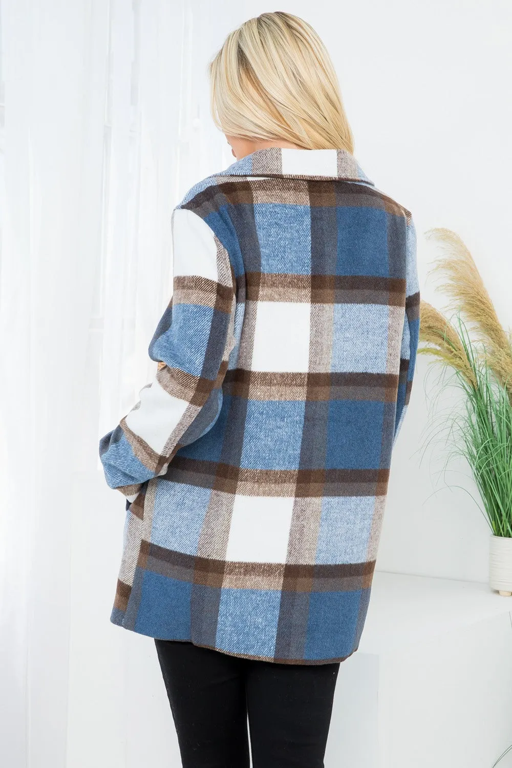 Earthy Blue Plaid Oversized Blazer