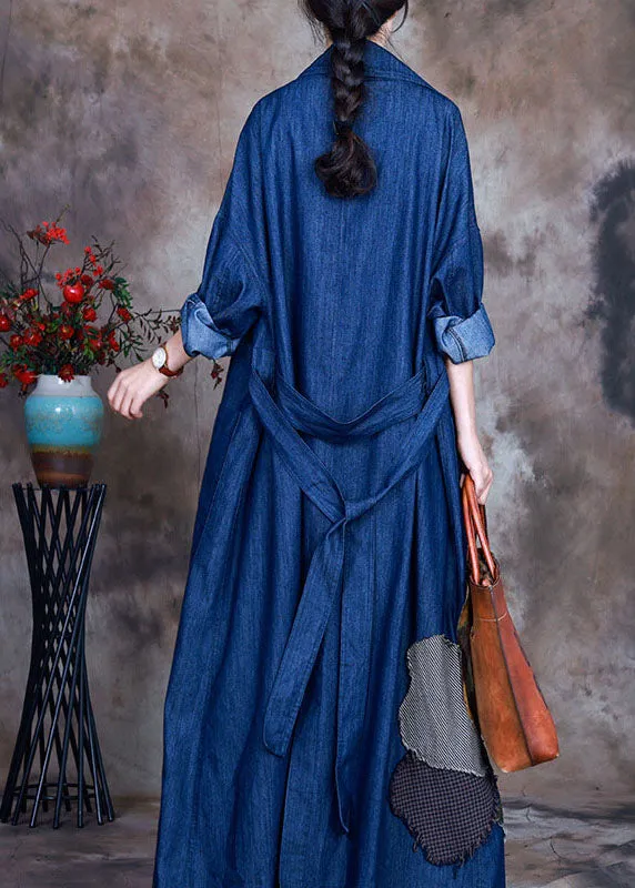 Fashion Blue button tie waist Peter Pan Collar Cotton denim trench coats Spring