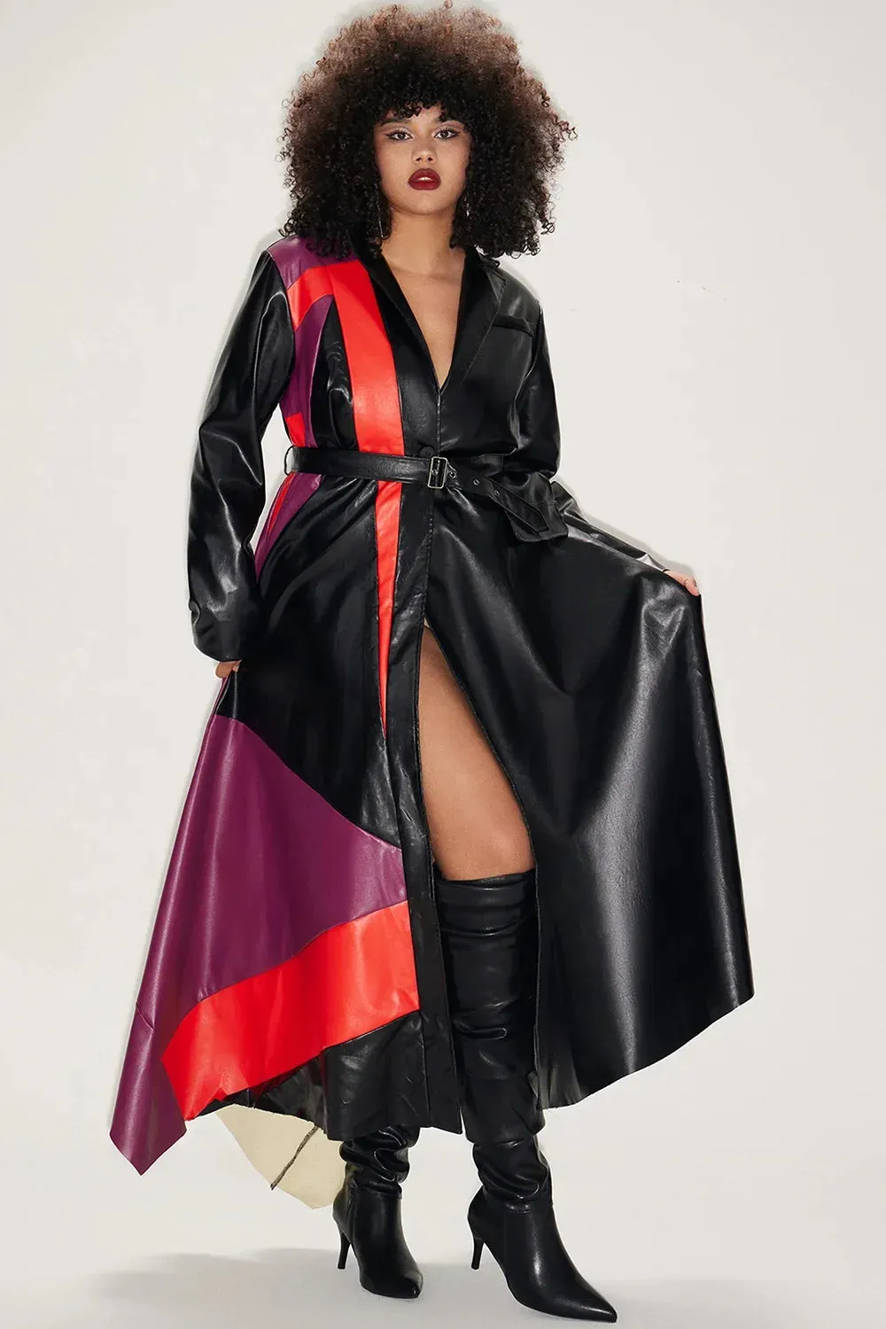 Faux Leather Black Contrast Trench Coat