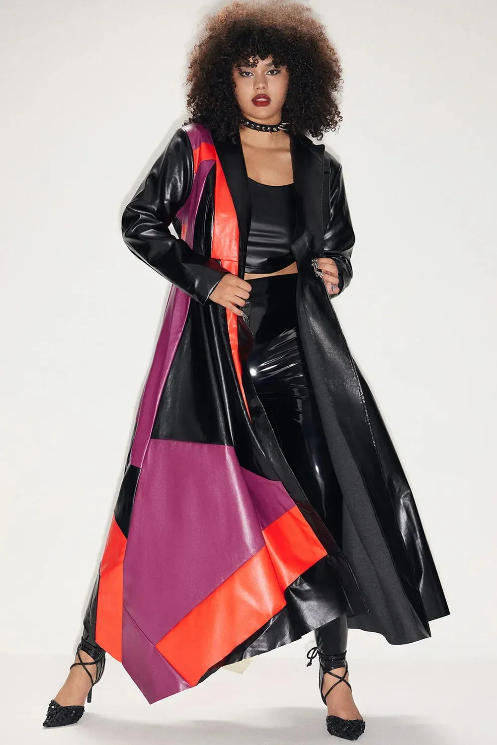 Faux Leather Black Contrast Trench Coat