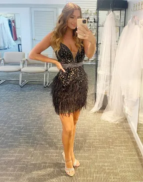 Glitter V Neck Black Tassel Straps V Back Homecoming Cocktail Party Dress