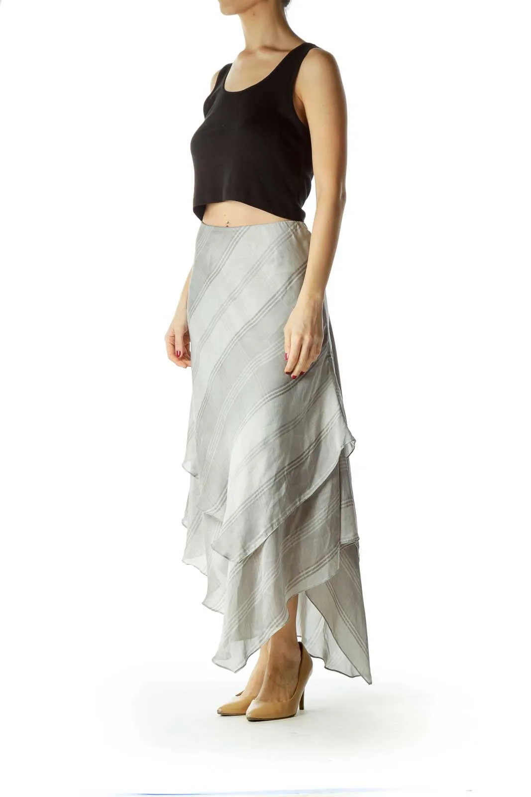 Gray Plaid Flared Silk Stretchy Skirt