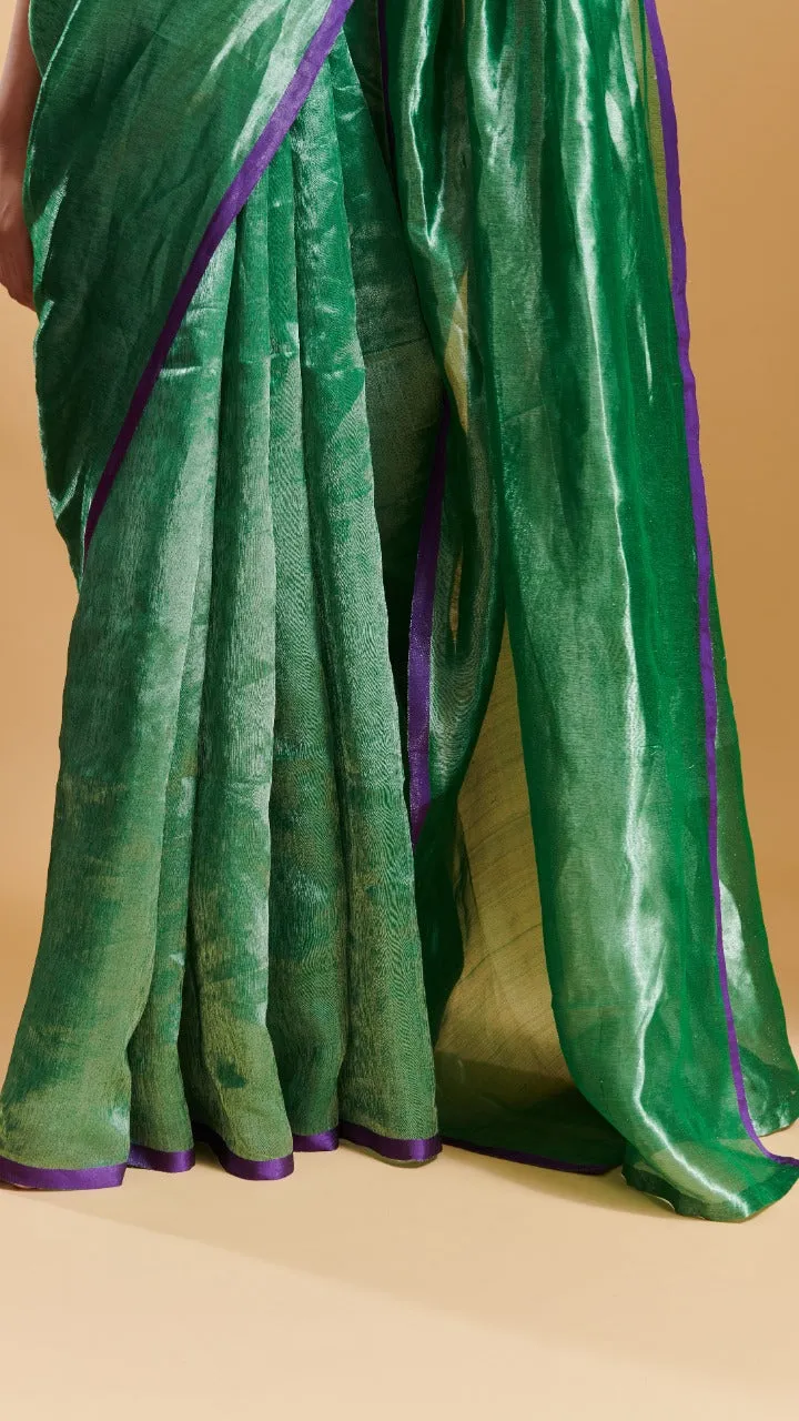 Green Dancing Moonlight metallic mulberry silk saree