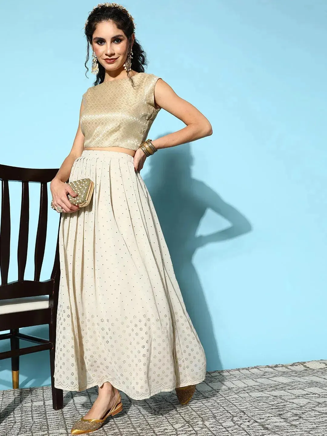 Grey Embellished Georgette Skirt