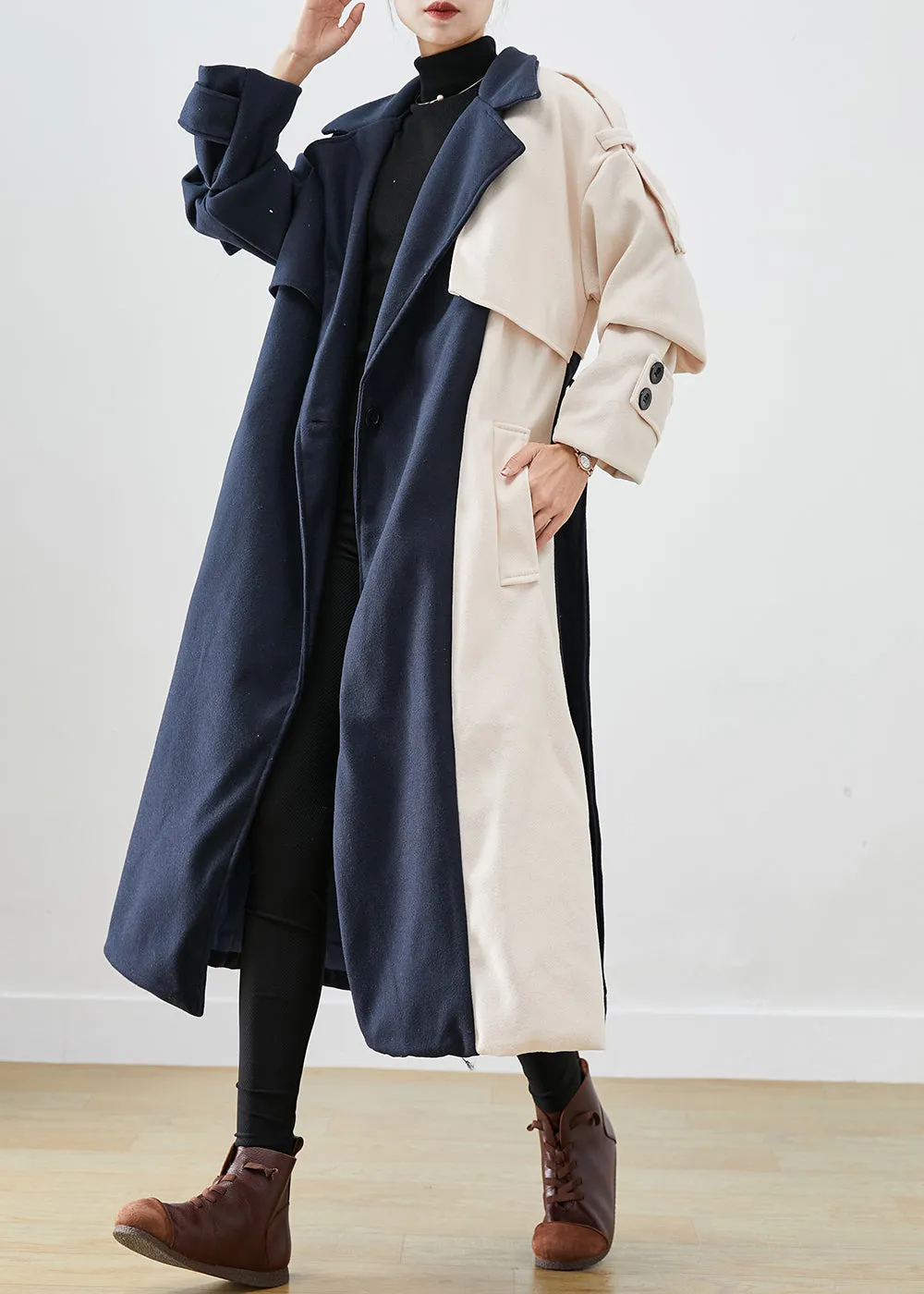 Handmade Navy Asymmetrical Patchwork Woolen Trench Coats Fall