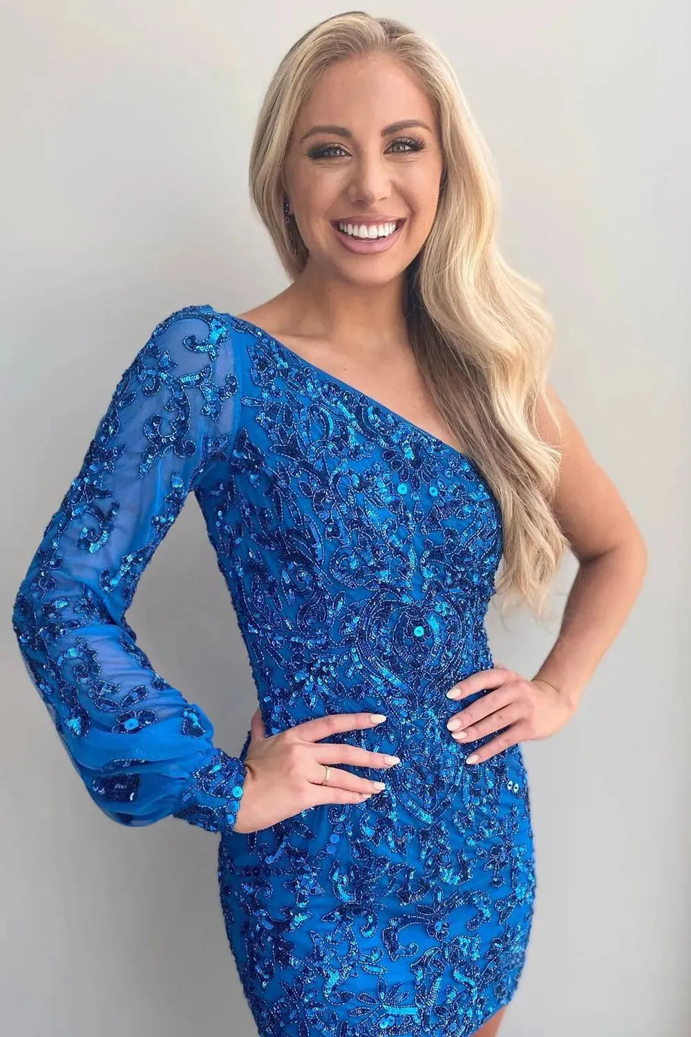 Kiri | Bodycon One Shoulder Blue Long Sleeve Sequins Short Homecoming Dresses