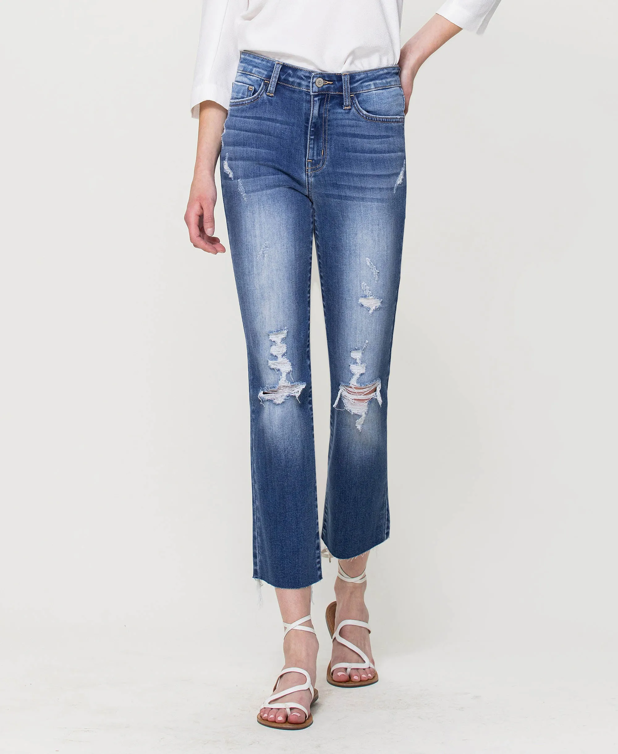 Lani Medium- High Rise Clean Cut & Fray Hem Detail Crop Straight Jeans