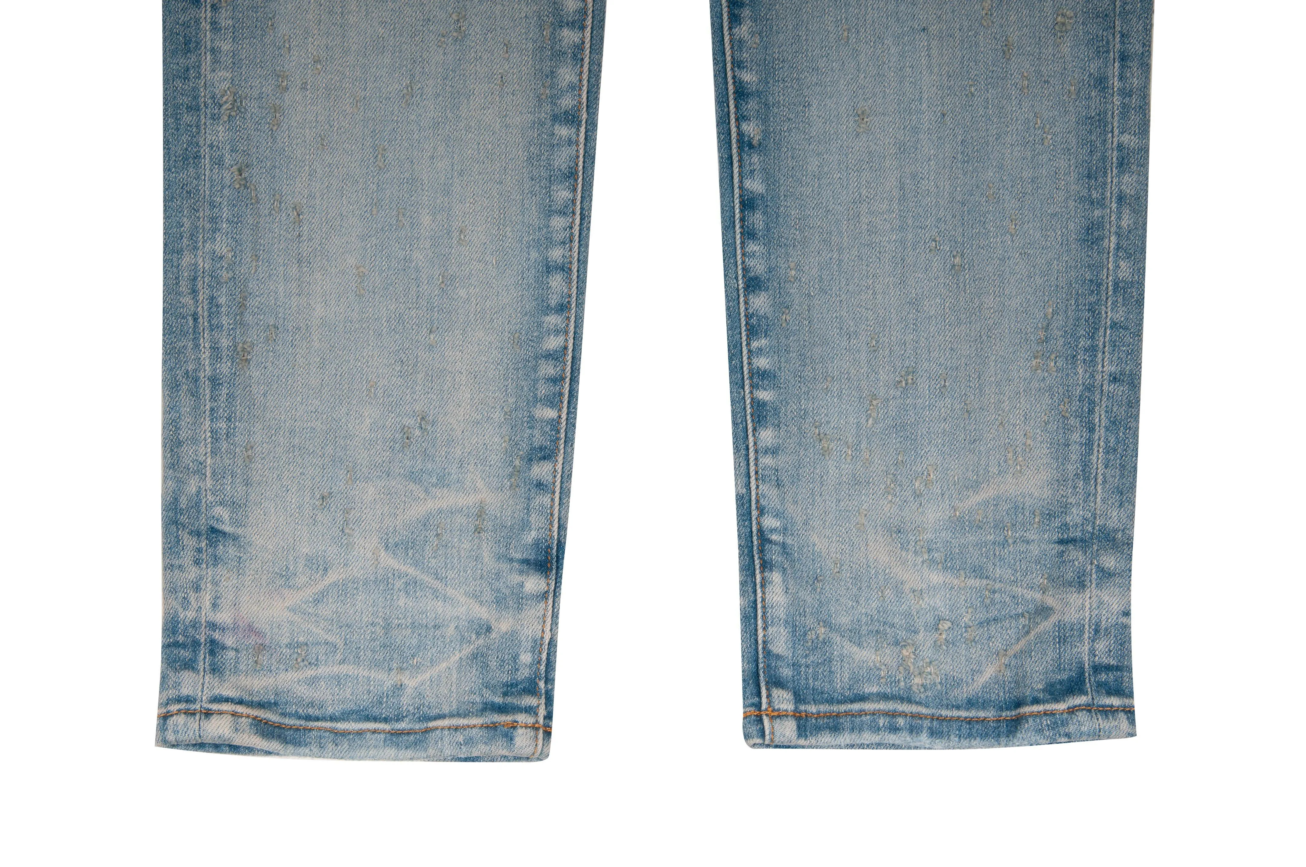 Light Wash Blue Distressed Knee Slashed Shotgun Blasted Denim Skinny Jeans