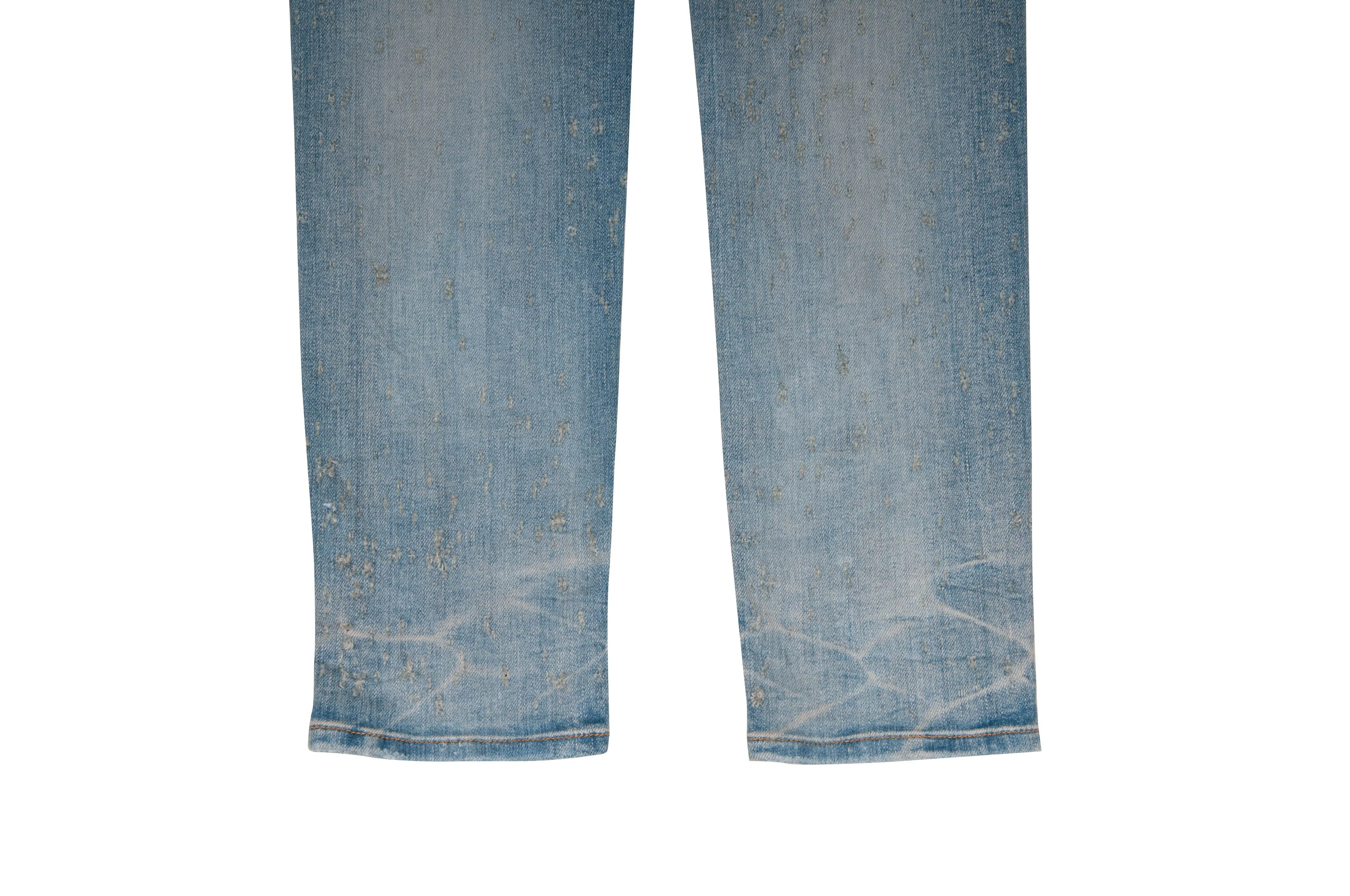 Light Wash Blue Distressed Knee Slashed Shotgun Blasted Denim Skinny Jeans