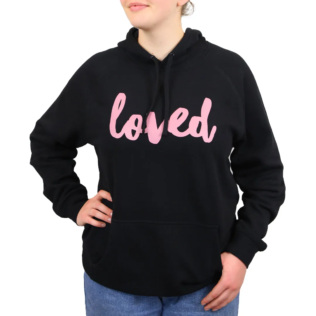 Loved HOODIE - Black with Dusty Blush Pink Print