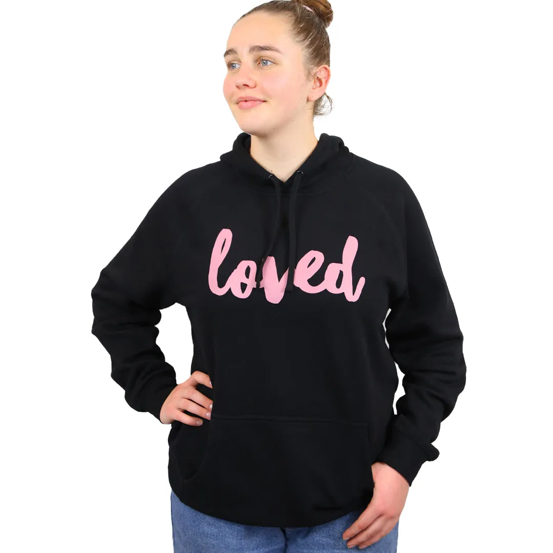 Loved HOODIE - Black with Dusty Blush Pink Print