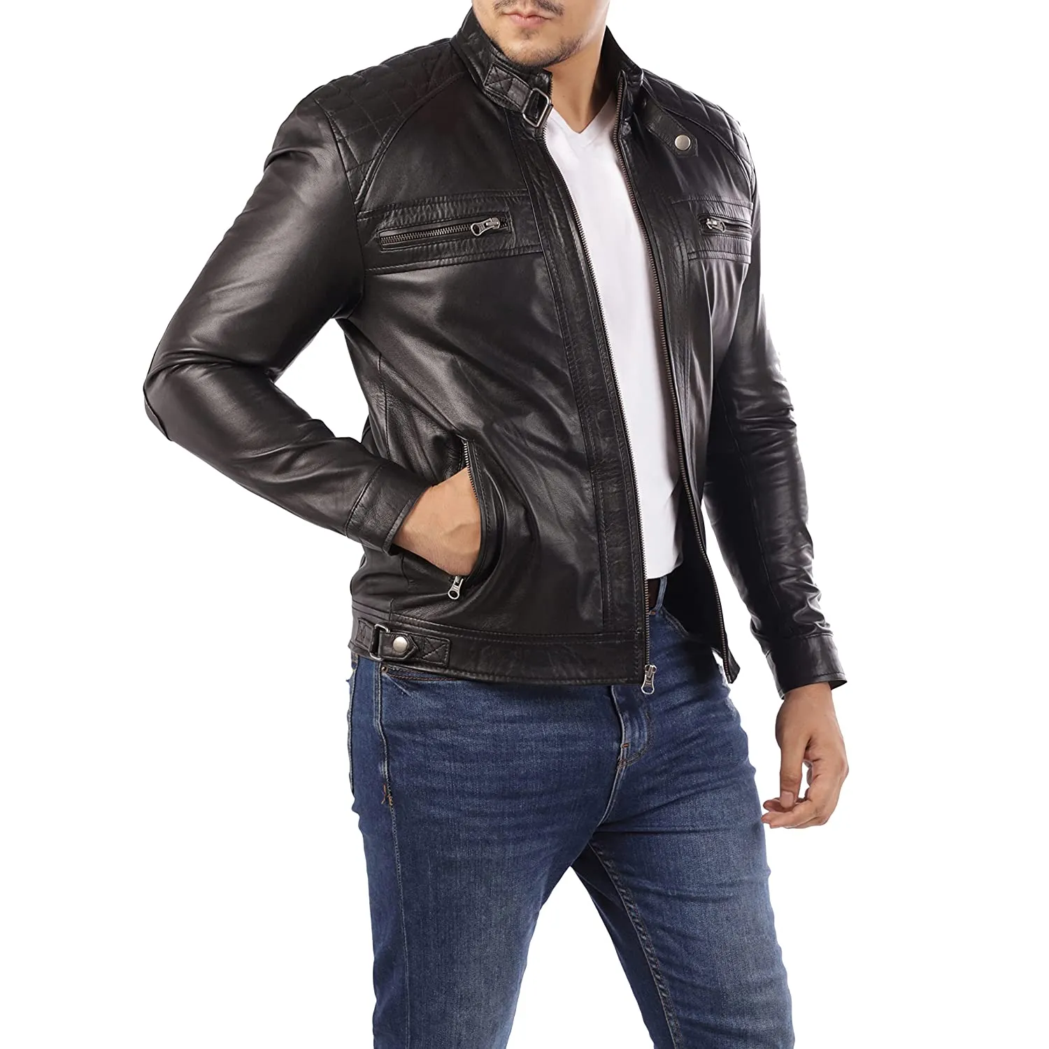 Men's Diamond Style Cafe Racer Black Leather Jacket