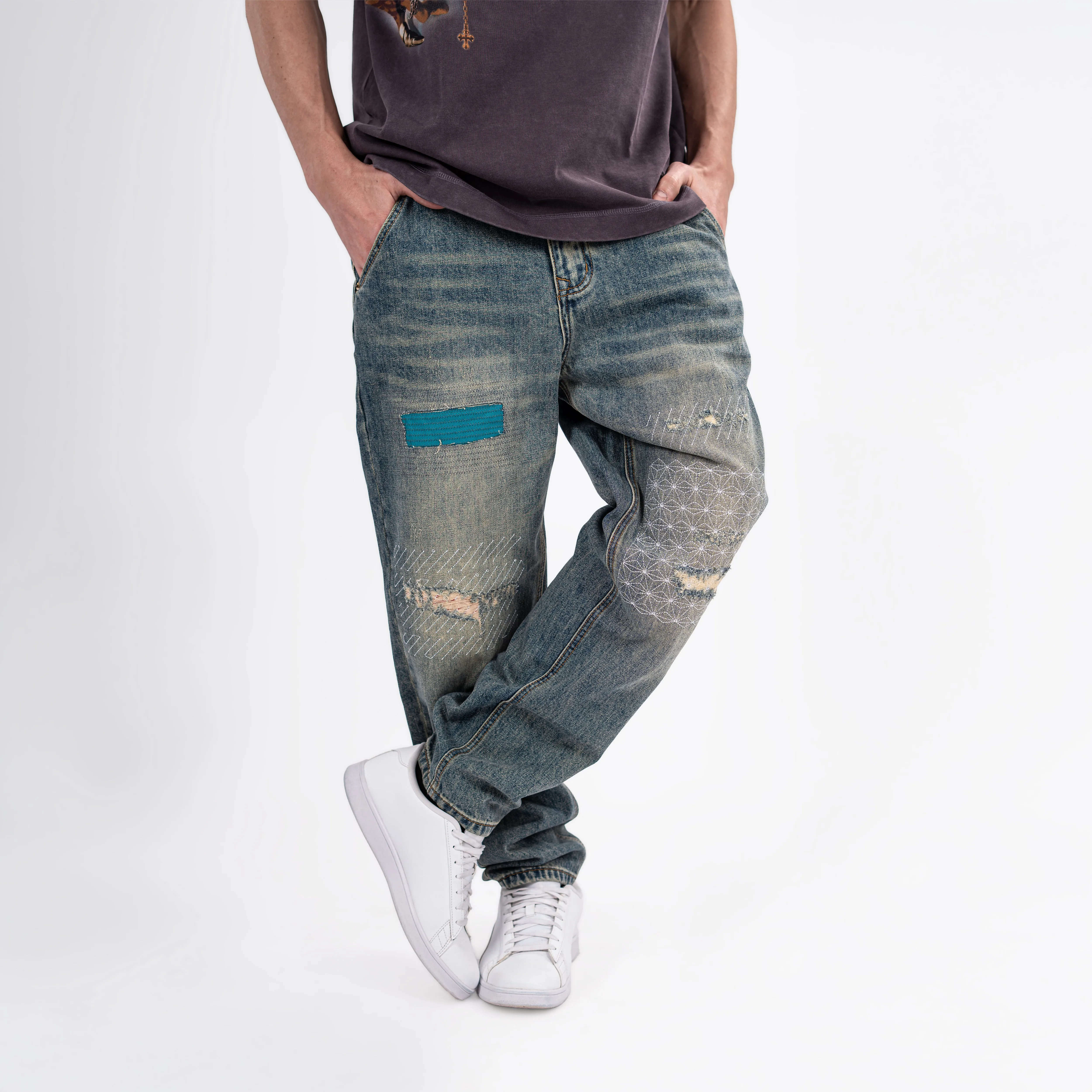 Men's Patchwork Baggy Jeans