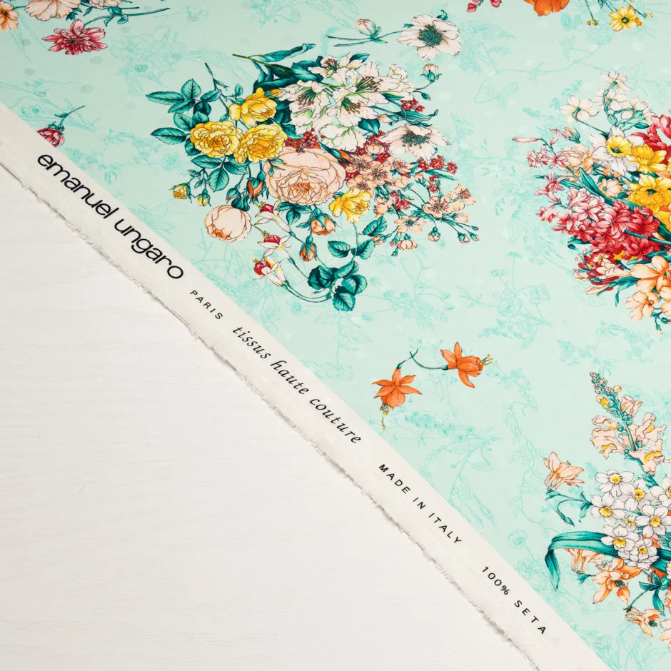 Multi-Coloured Floral Printed Ice Blue Pure Silk Jacquard