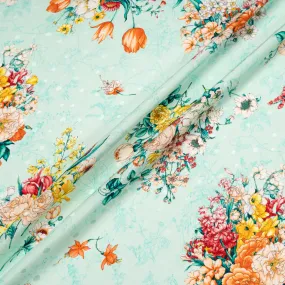 Multi-Coloured Floral Printed Ice Blue Pure Silk Jacquard