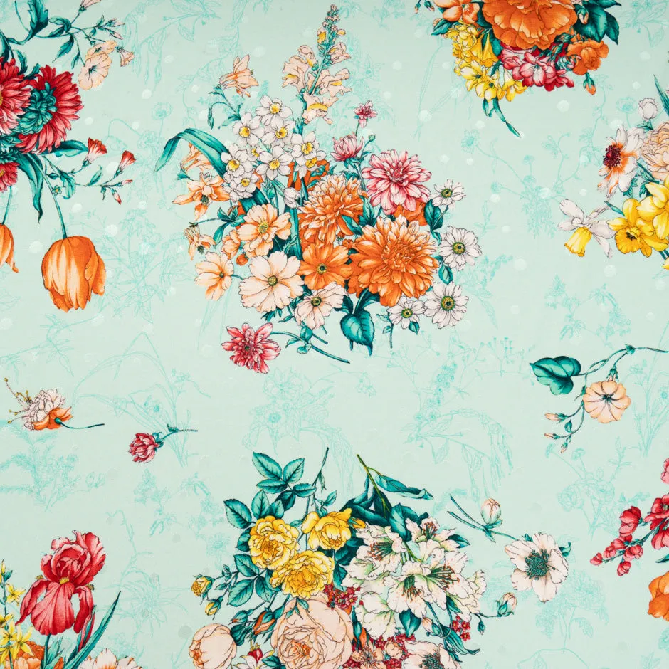 Multi-Coloured Floral Printed Ice Blue Pure Silk Jacquard