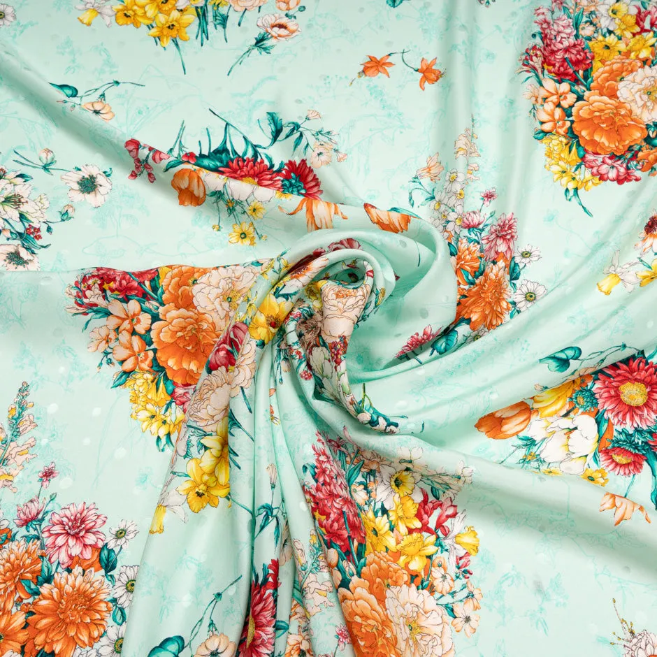 Multi-Coloured Floral Printed Ice Blue Pure Silk Jacquard