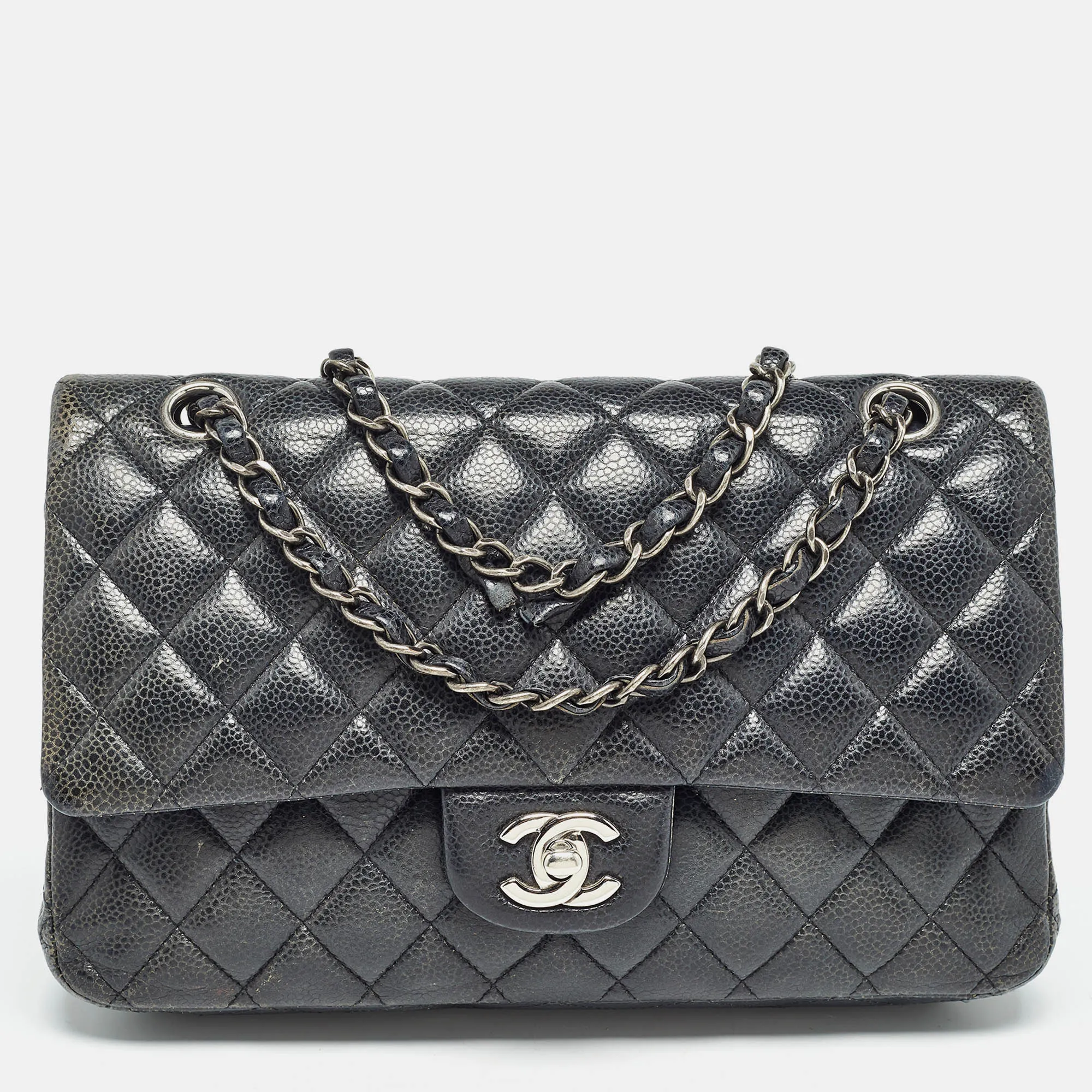 Navy Blue Quilted Caviar Leather Medium Classic Double Flap Bag