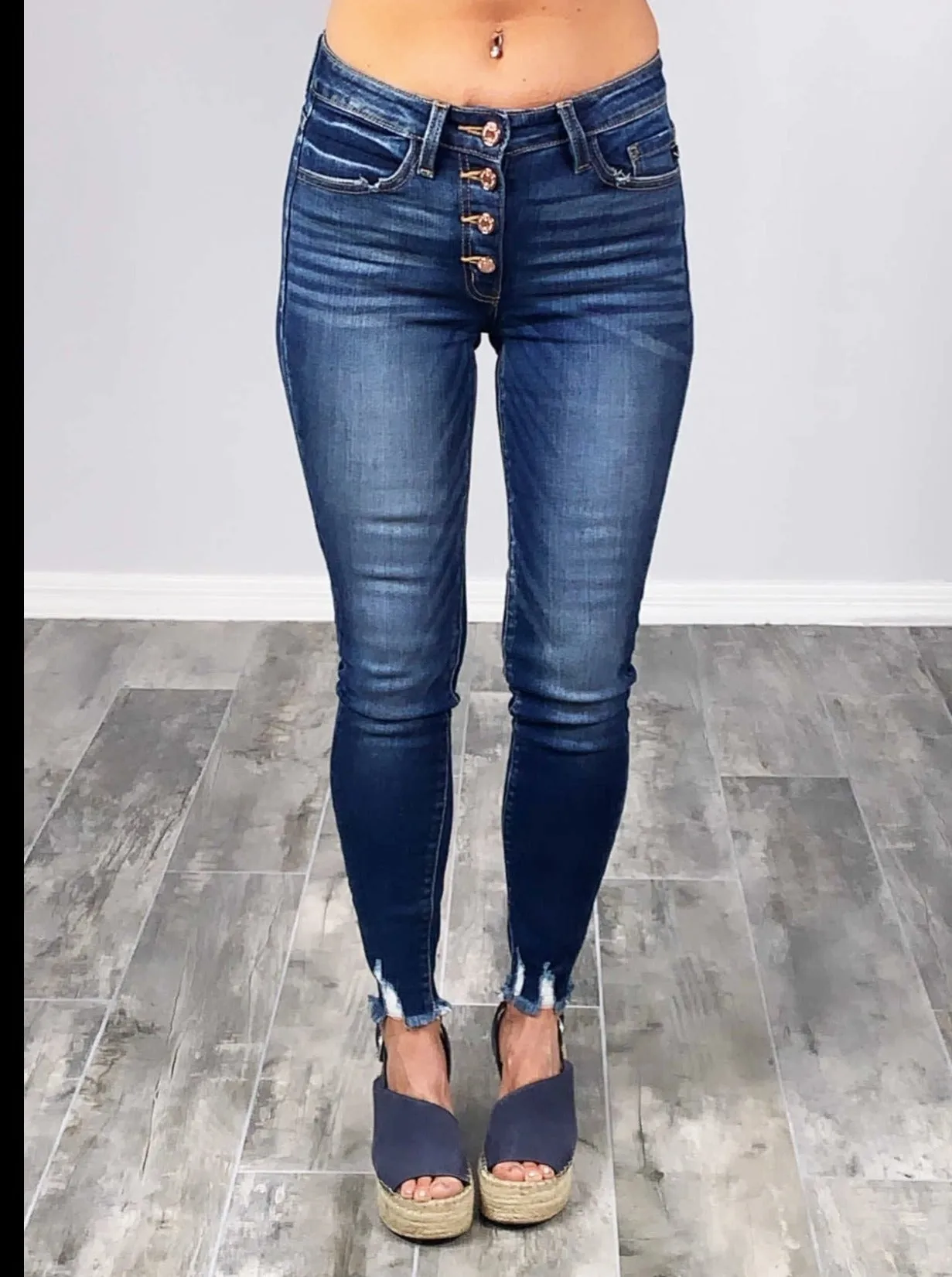 Rose Gold Button Raw Hem Jeans