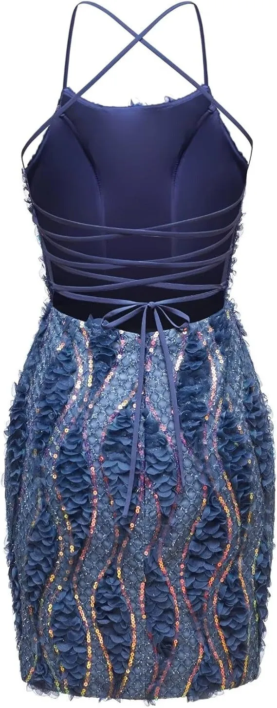 Sequins Sheath Dark Navy Backless Homecoming Dress