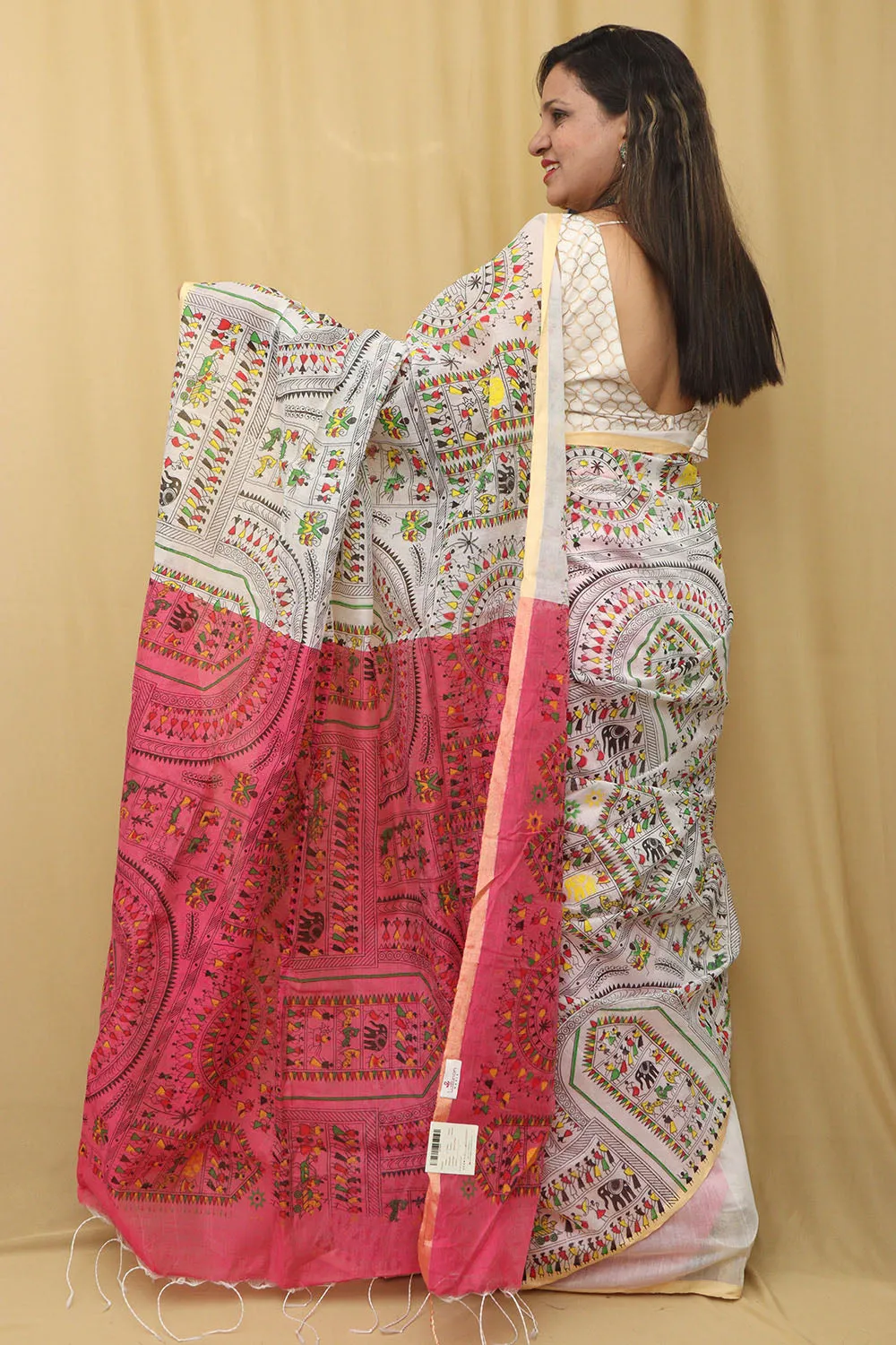 Stunning Off White Madhubani Digital Printed Saree