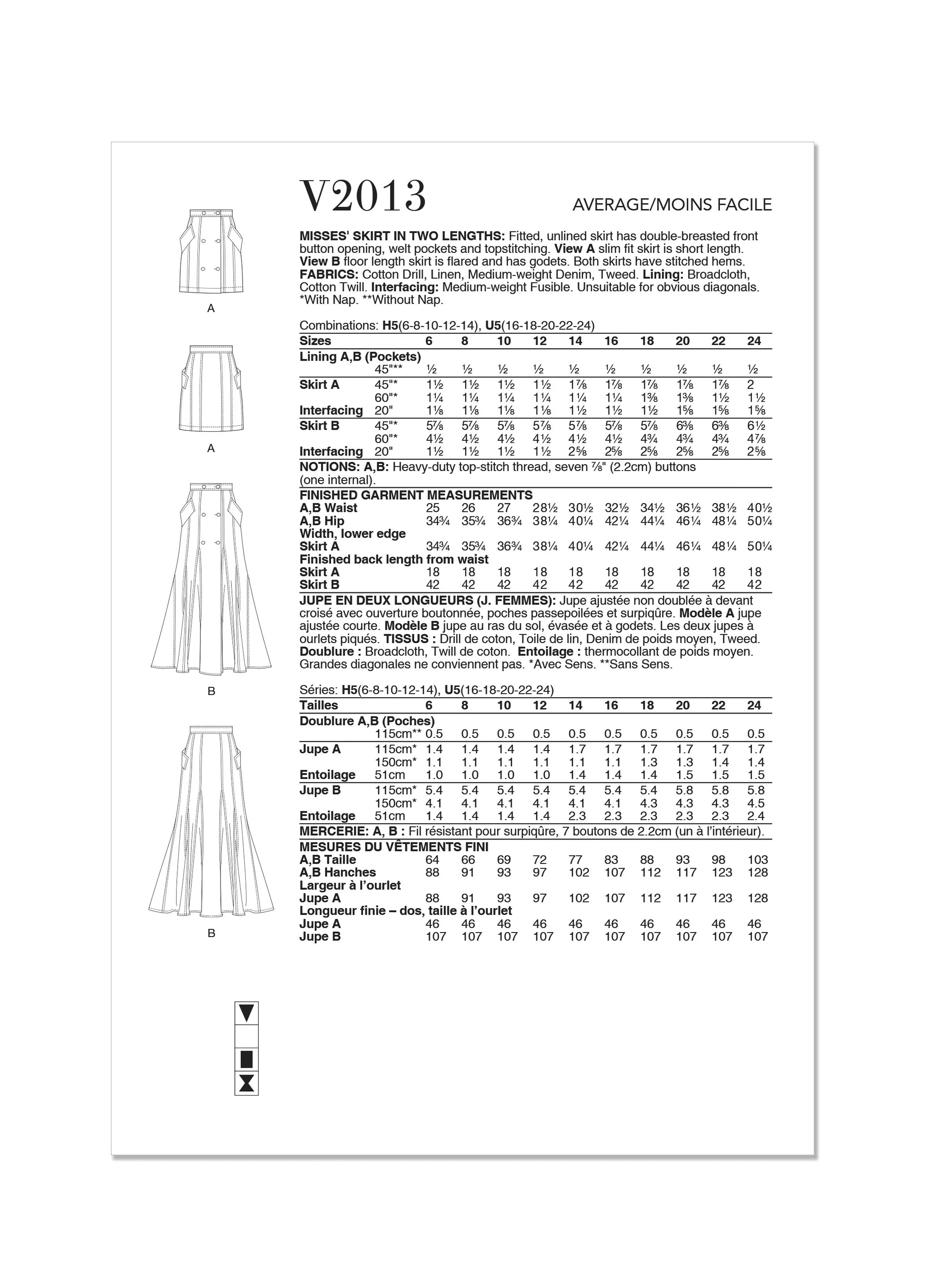 Vogue Sewing Pattern 2013 Misses' Skirt in Two Lengths