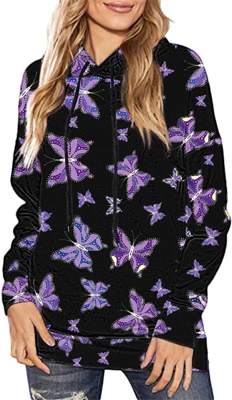 Women's Hoodies Fashion Casual Hooded Butterfly Printed Long Sleeve Sweatshirt Jacket Coats Loose Comfortable Blouse for Work Office