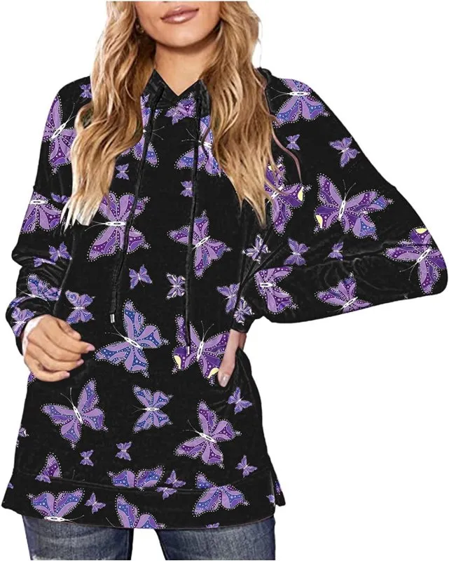 Women's Hoodies Fashion Casual Hooded Butterfly Printed Long Sleeve Sweatshirt Jacket Coats Loose Comfortable Blouse for Work Office